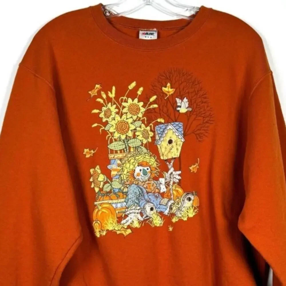 Vintage 90s Jerzees Orange Sweatshirt Scarecrow Fall Scene Women's Size M - Picture 1 of 5